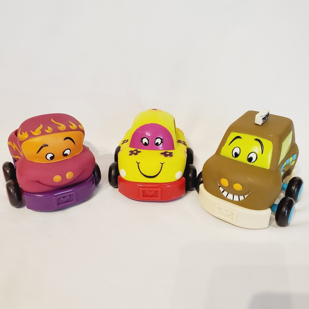 B. Toys Wheeee-ls! Soft Pull Back Toy Cars Set of 3 Magenta Yellow Brown Taxi